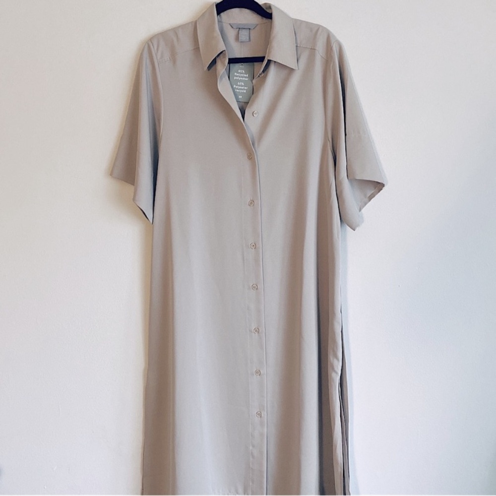 H&M MIDI SHIRT DRESS KIMONO SLEEVES RELAXED FIT BELTED Beige - Picture 5 of 14